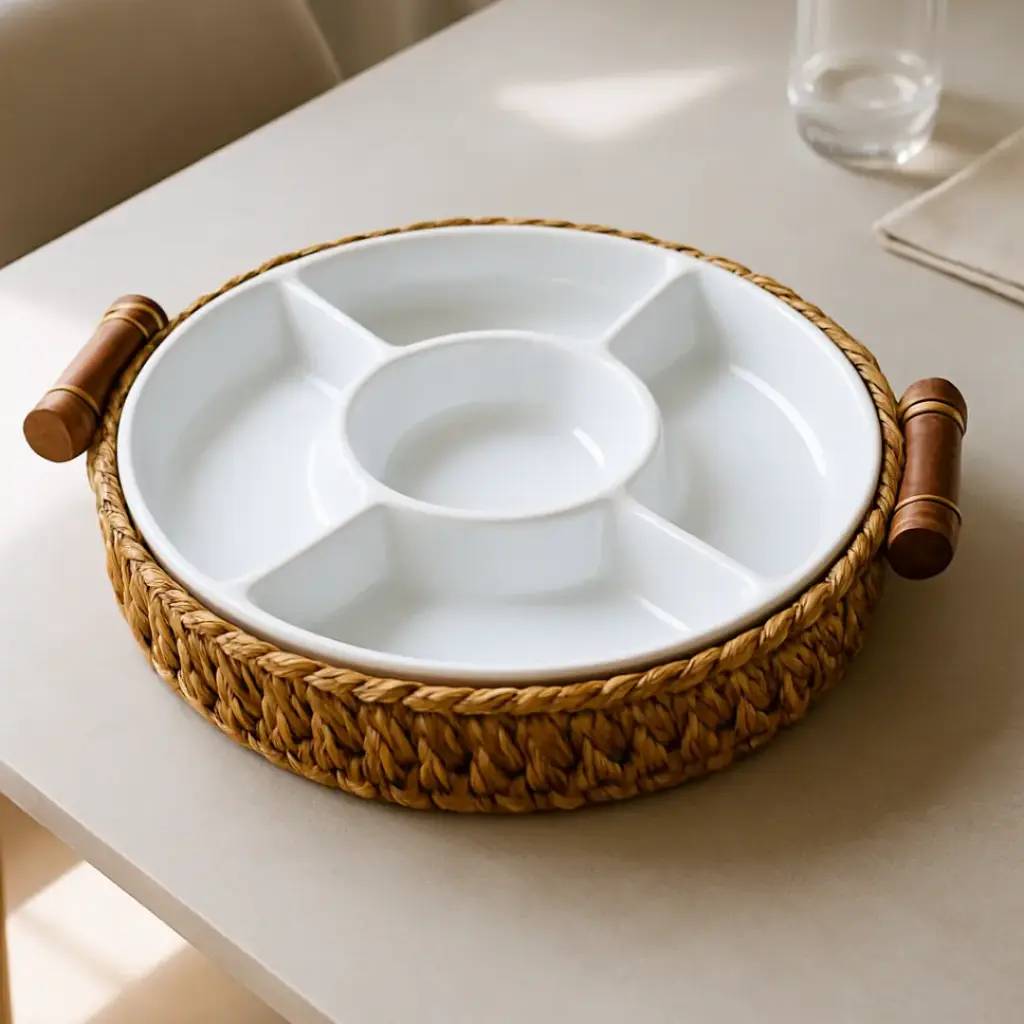 Bandeja para piqueos de mimbre y cerámica 