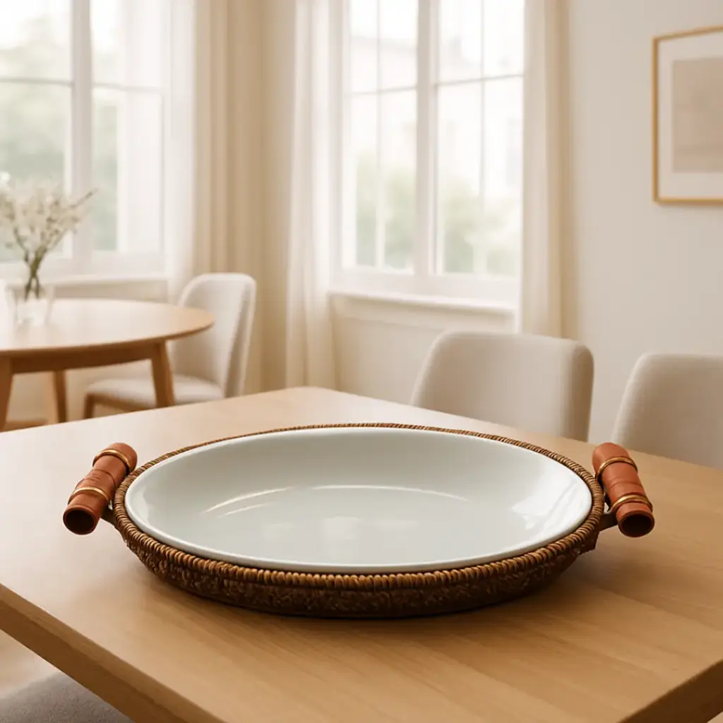 Fuente de mimbre y cerámica ovalada