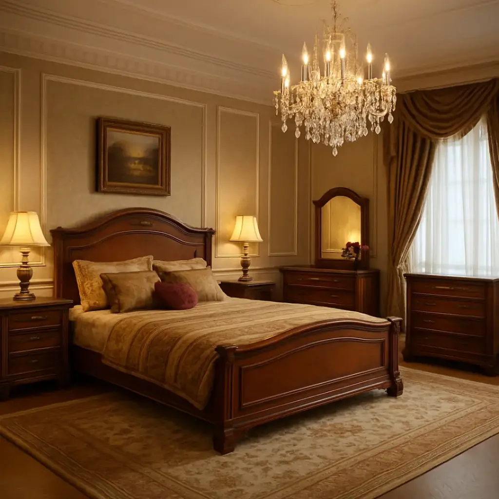 Juego de Dormitorio elegante de madera Mara. Cama con respaldar, Somier, Doble colchón, Tocador 2 mesas de noche y un Aparador