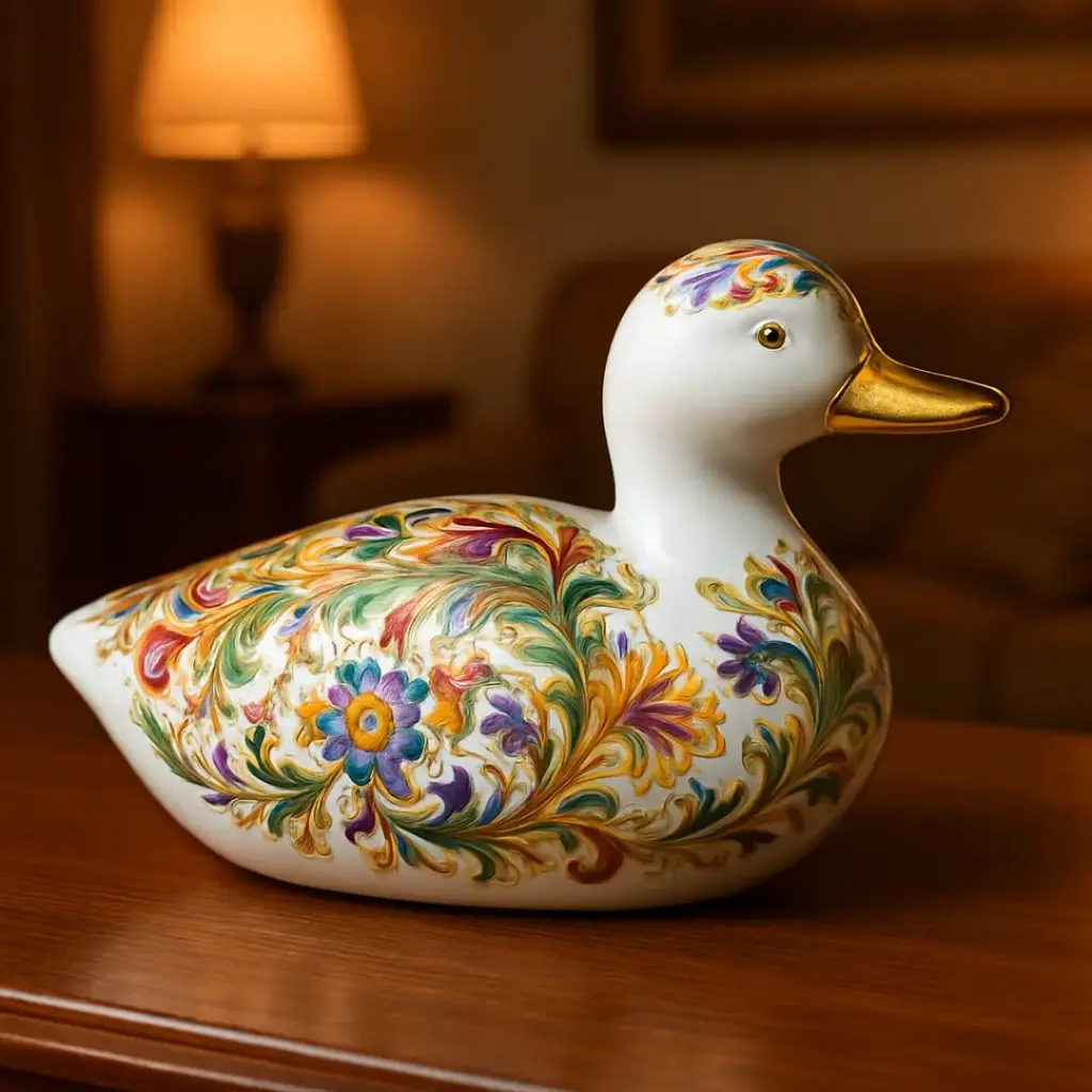  Adorno pato de porcelana decorado con oro 24k de Casa Bohemia  