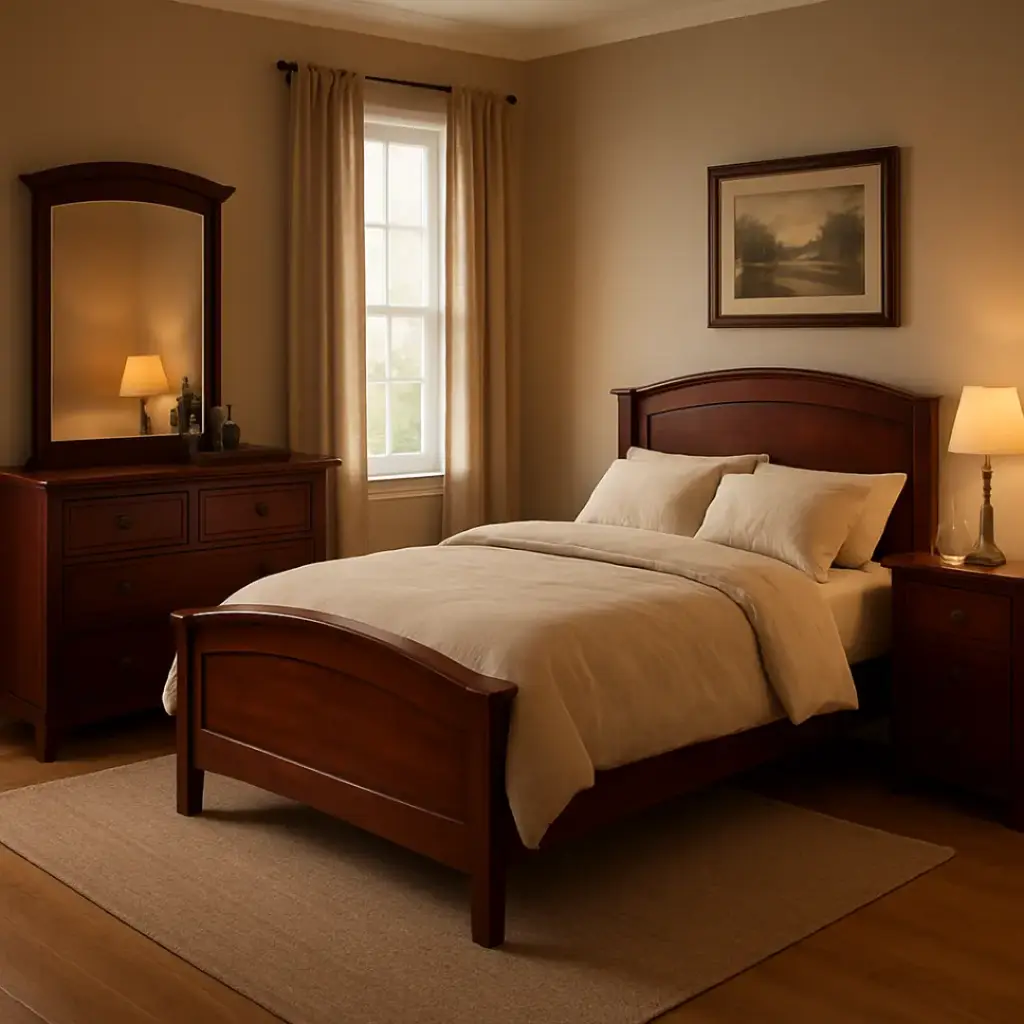 Juego de dormitorio madera maciza incluye 4 piezas (cama de 1 1/2 plaza, velador, cómoda con espejo) (2283965.5000)