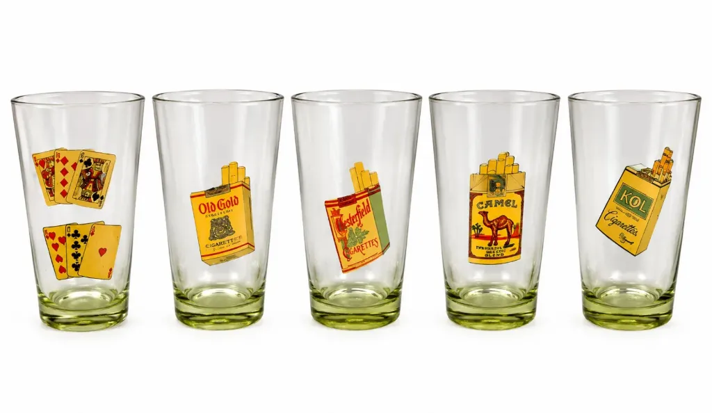 [1029184.50] Set de 5 Vasos Vintage - Diseños Marcas Clásicas y Naipes  (1029184.50)