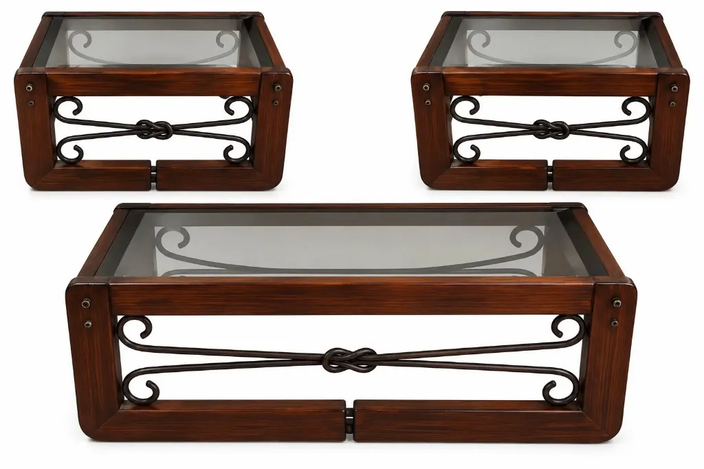 Set x3 Mesas para Sala de Madera con Vidrio y Hierro Forjado (2396569.1400)
