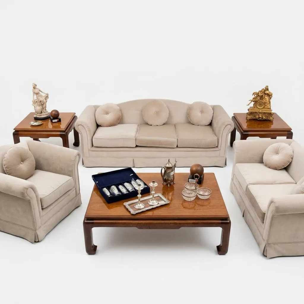 Juego de Living Clásico Elegante Beige + Mesas de Madera (6 Piezas) (2373358.5000)