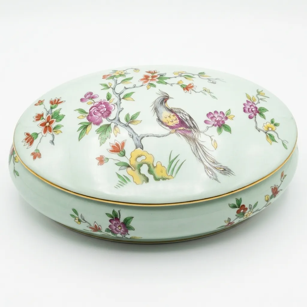 [1029184.85] Joyero Ovalado de Porcelana Ilustrado con Ave y Flores (1029184.85)
