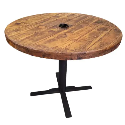 [4279202.43] Mesa exterior redonda madera de pino y base de fierro