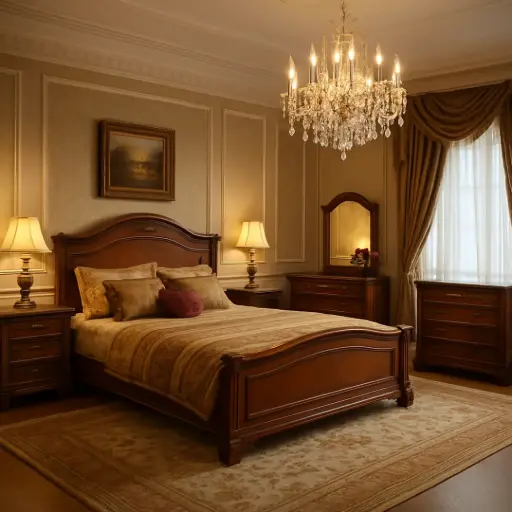 [4227412] Juego de Dormitorio elegante de madera Mara. Cama con respaldar, Somier, Doble colchón, Tocador 2 mesas de noche y un Aparador