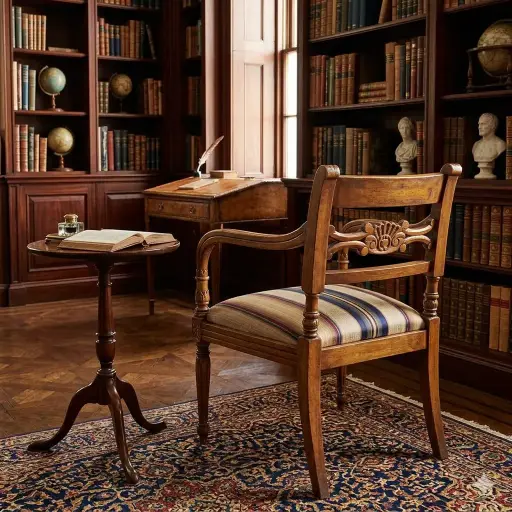 [666147.11] Silla de madera con tapiz con detalles ornamentales clásicos